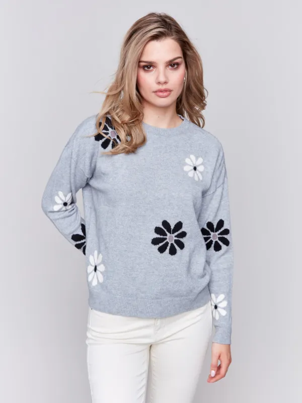 Crew Neck Sweater with Printed Flowers - Light Grey sold by Charlie B