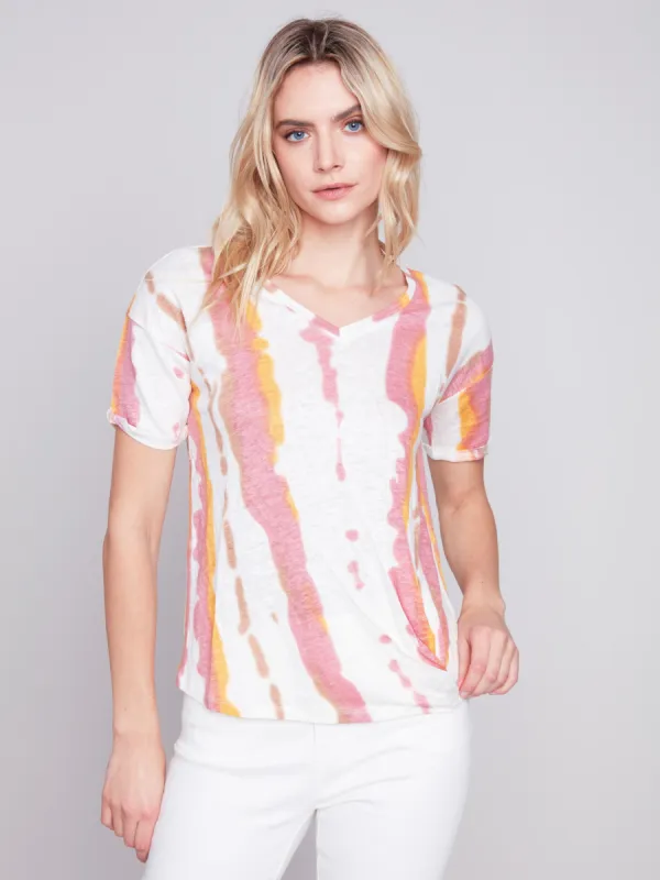 Printed Linen Top with Front Twist Knot - Natural sold by Charlie B