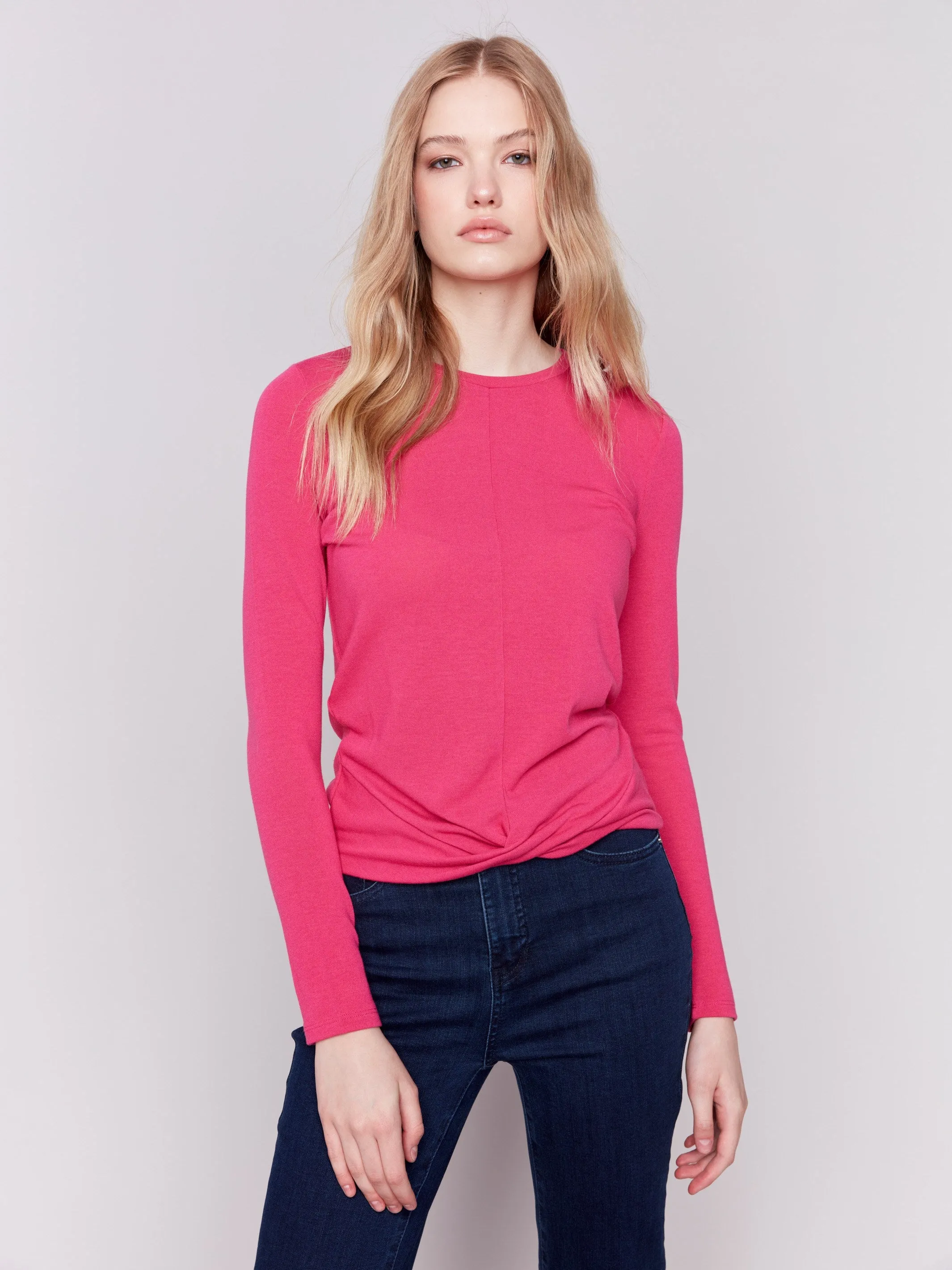 Soft Jersey Top With Front Knot Detail - Magenta sold by Charlie B