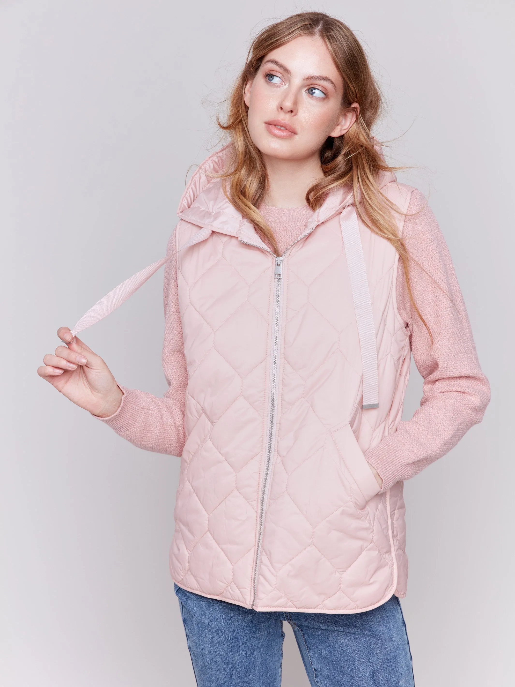 Short Quilted Puffer Vest with Hood - Quartz sold by Charlie B product image thumbnail 5