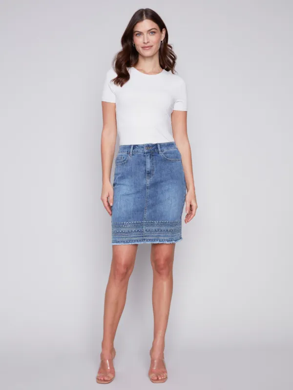 Embroidered Hem Denim Skort - Medium Blue sold by Charlie B