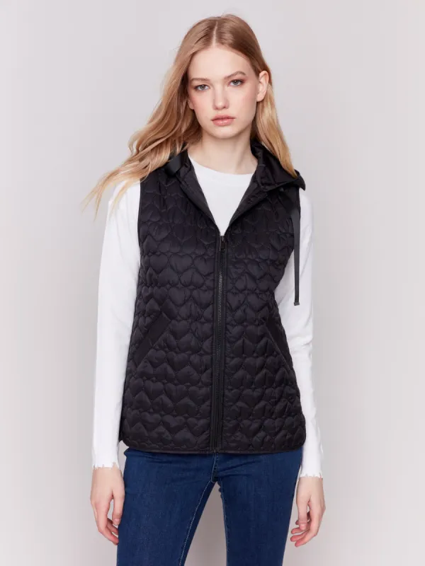 Short Quilted Puffer Vest with Hood - Black sold by Charlie B