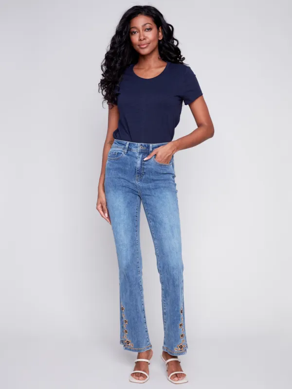Embroidered Bootcut Jeans with Front Slits - Medium Blue sold by Charlie B