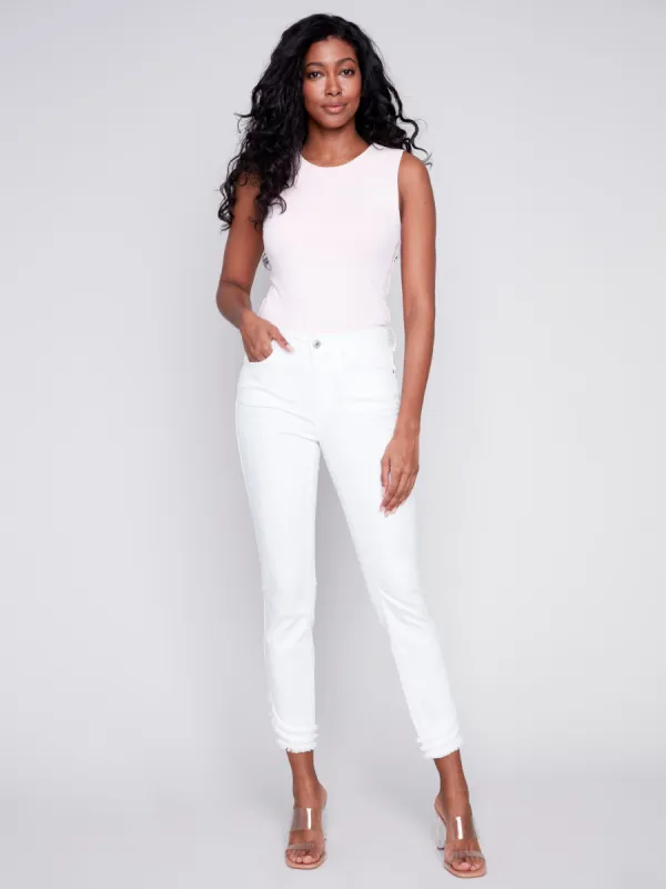 Frayed Hem Twill Pants - White sold by Charlie B