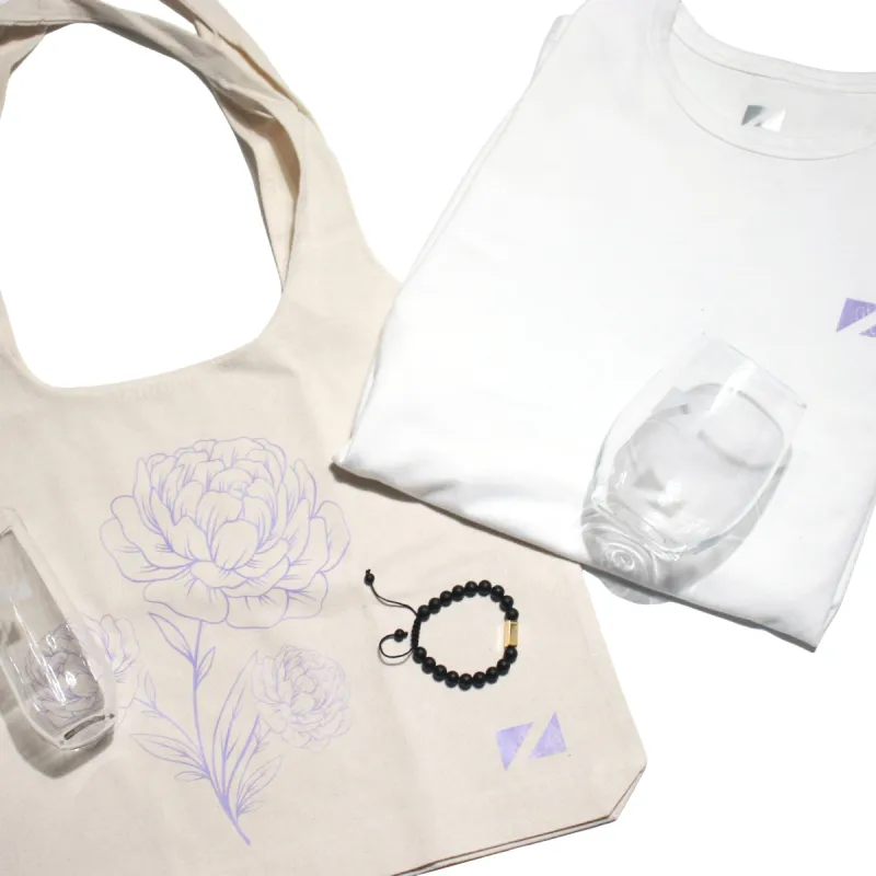 Bundle 1: The Luxe Carnation Tee + The Carnation Tote + Unwine Stemless Glass and Flute Bundle + Zueike Elements Bracelet sold by Zueike