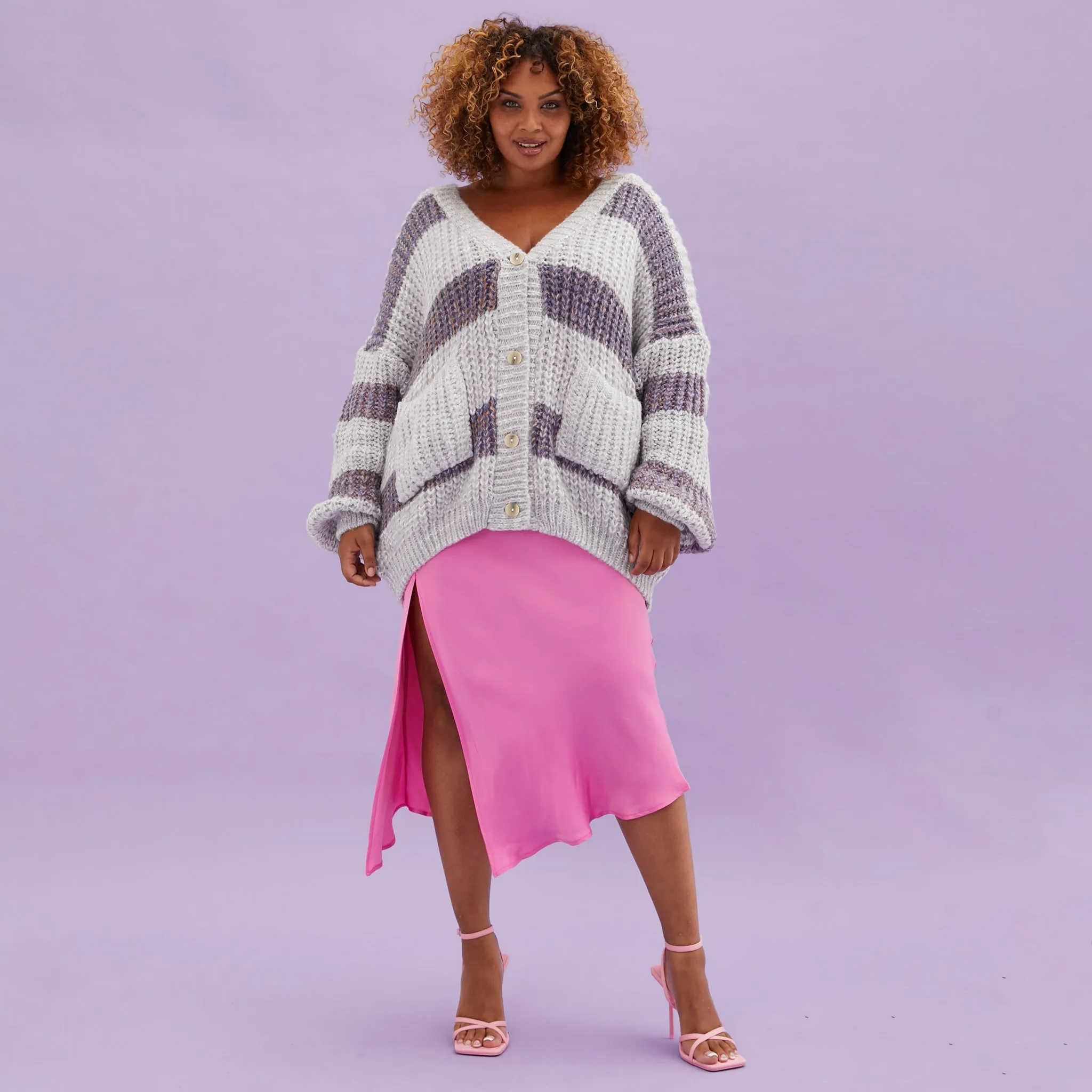 Olivia Stripe Chunky Cardigan with Buttons - Silver Grey sold by Cara & The Sky product image thumbnail 5