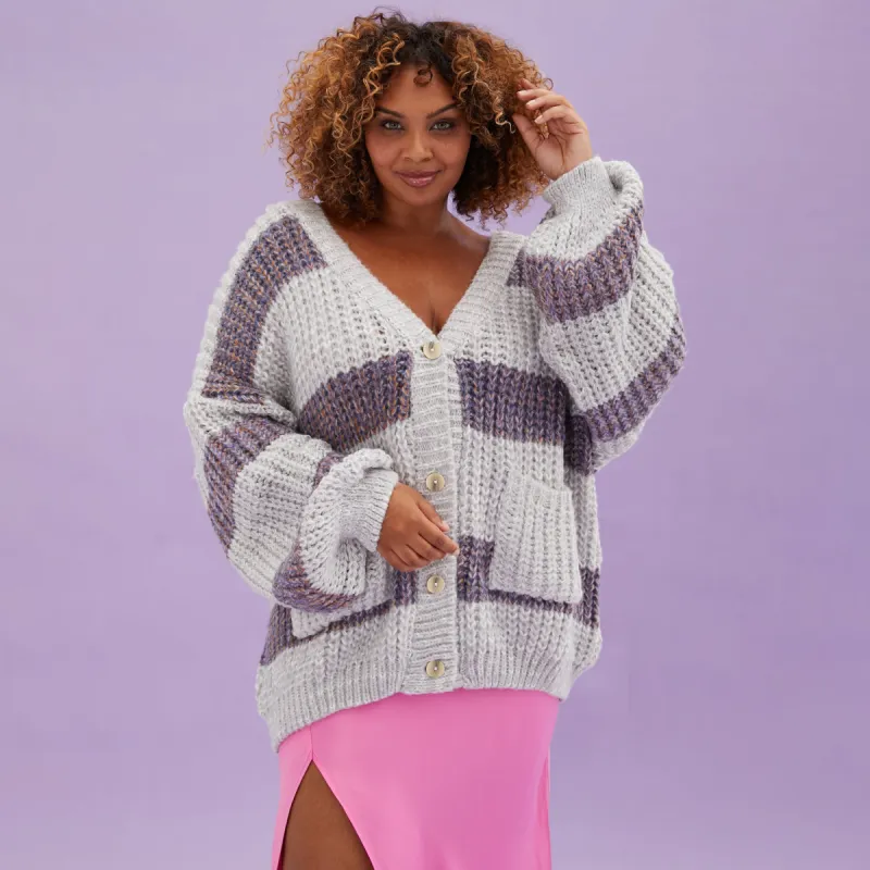 Olivia Stripe Chunky Cardigan with Buttons - Silver Grey sold by Cara & The Sky