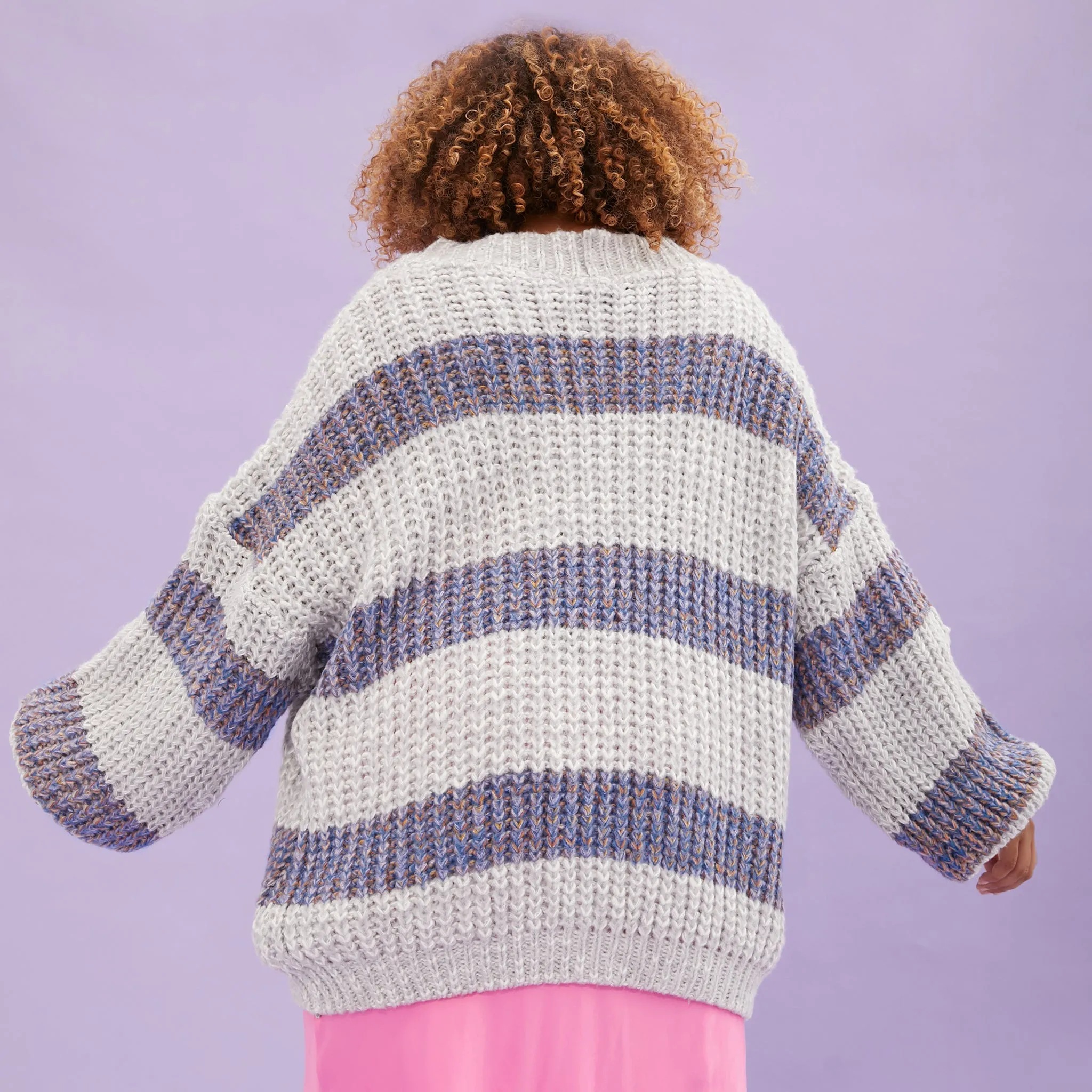 Olivia Stripe Chunky Cardigan with Buttons - Silver Grey sold by Cara & The Sky product image thumbnail 4