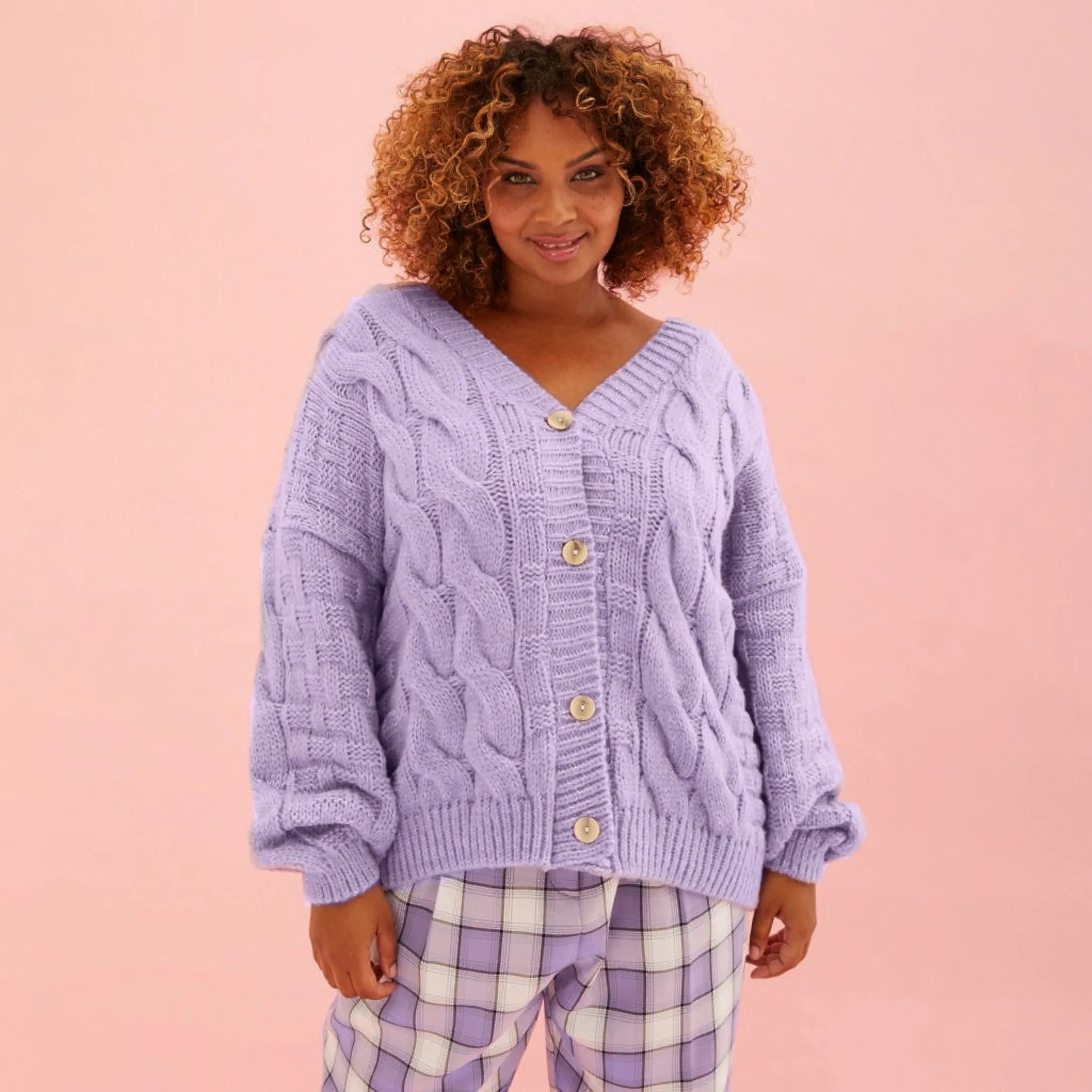 Gemma Basket Stitch Balloon Sleeve Chunky Knit Cardigan - Lilac sold by Cara & The Sky product image thumbnail 4