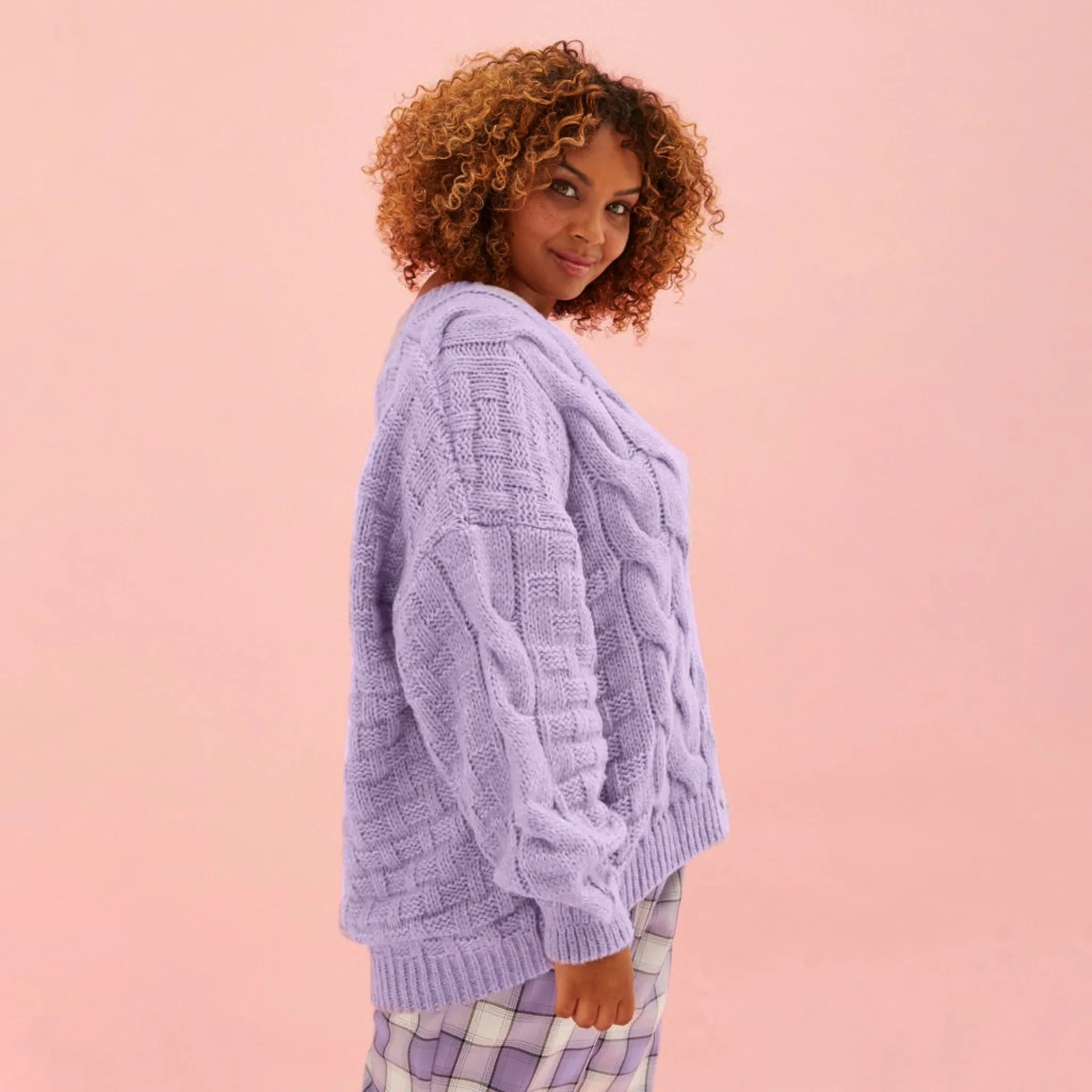 Gemma Basket Stitch Balloon Sleeve Chunky Knit Cardigan - Lilac sold by Cara & The Sky product image thumbnail 5