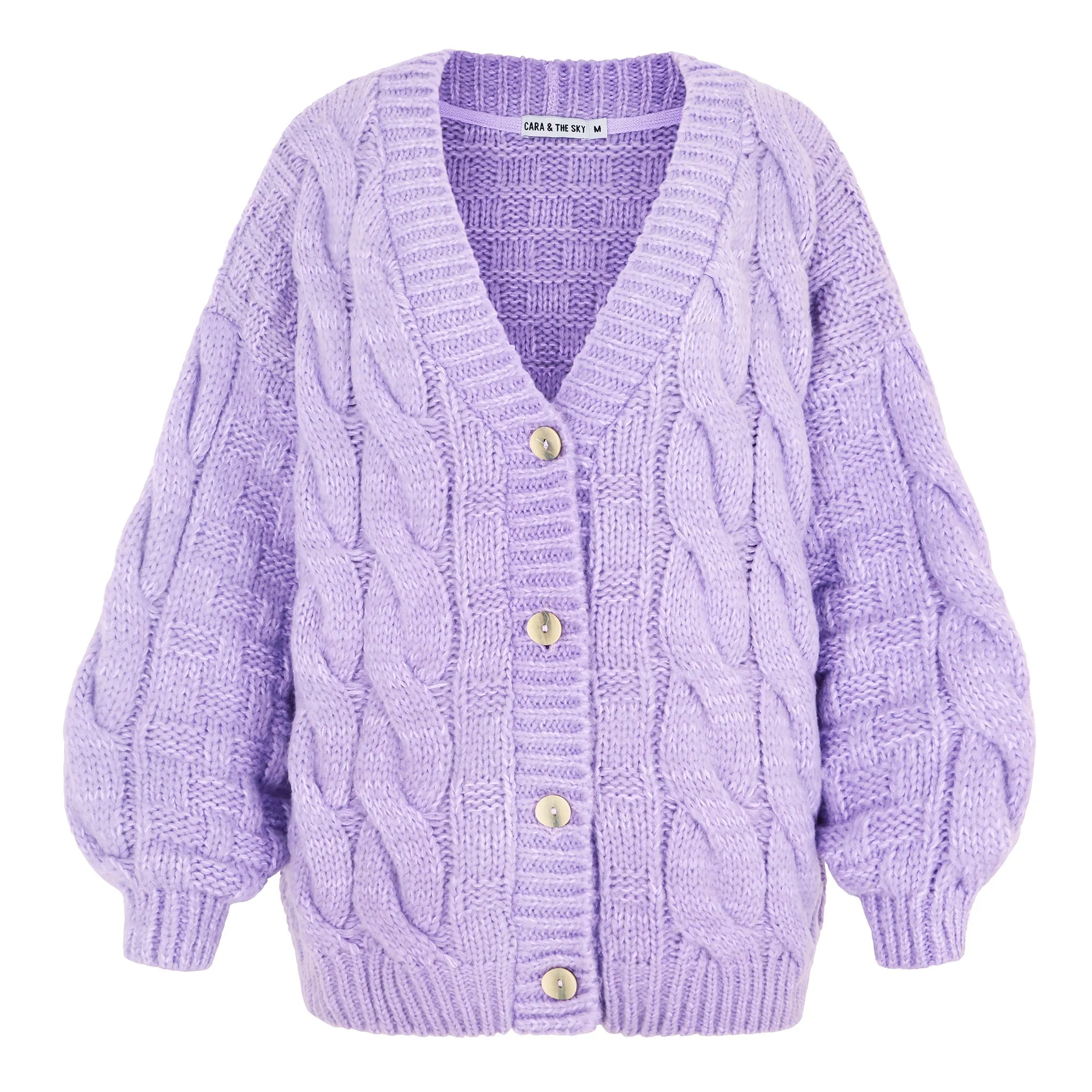 Gemma Basket Stitch Balloon Sleeve Chunky Knit Cardigan - Lilac sold by Cara & The Sky product image thumbnail 2