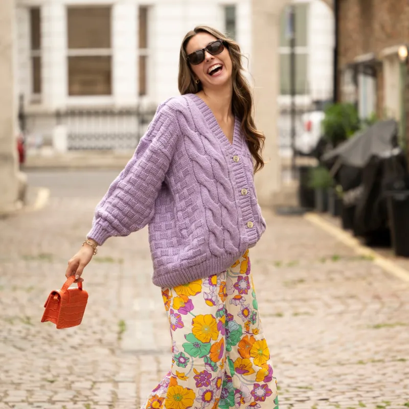 Gemma Basket Stitch Balloon Sleeve Chunky Knit Cardigan - Lilac sold by Cara & The Sky