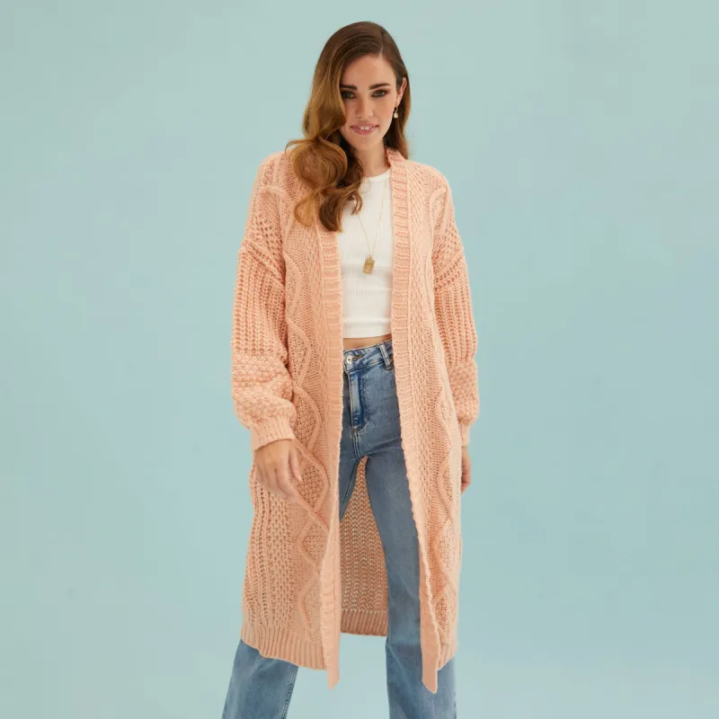 Stevie Cable Balloon Sleeve Long Cardigan - Peach sold by Cara & The Sky