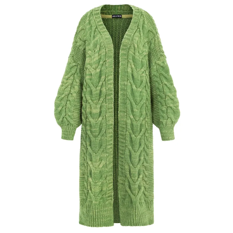 Alex Cable Longline Balloon Sleeve Cardigan - Green sold by Cara & The Sky
