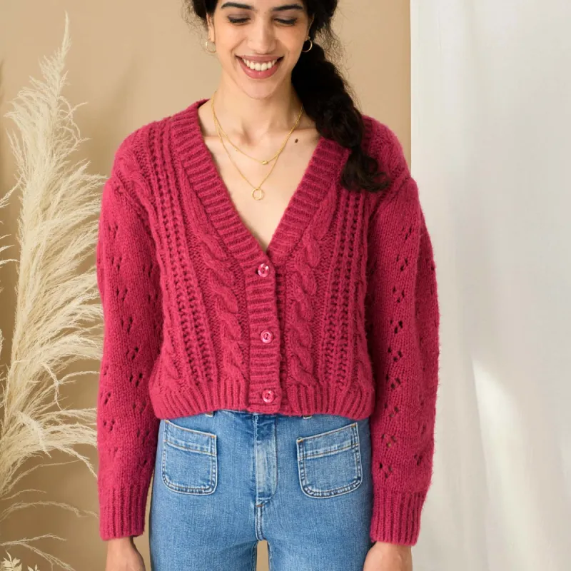 Rocky Cable Cropped Cardigan - Hot Pink sold by Cara & The Sky