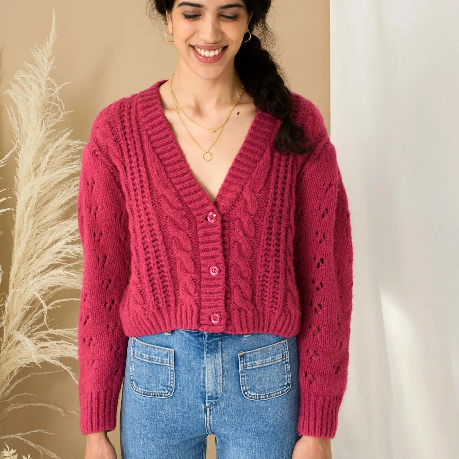 Rocky Cable Cropped Cardigan - Hot Pink sold by Cara & The Sky