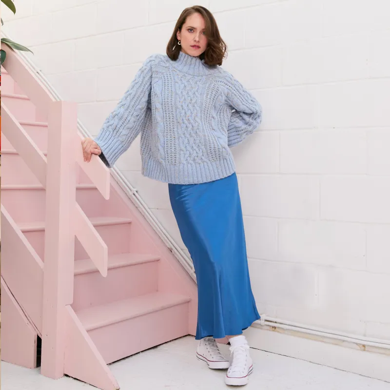 Sarah High Neck Cable Wide Sleeve Jumper - Blue sold by Cara & The Sky