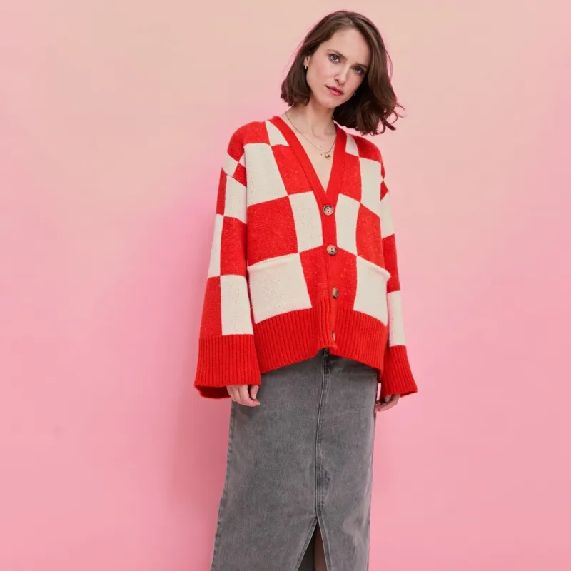 Candice Checked Wide Sleeve Cardigan - Red & White - Small and Medium on preorder sold by Cara & The Sky