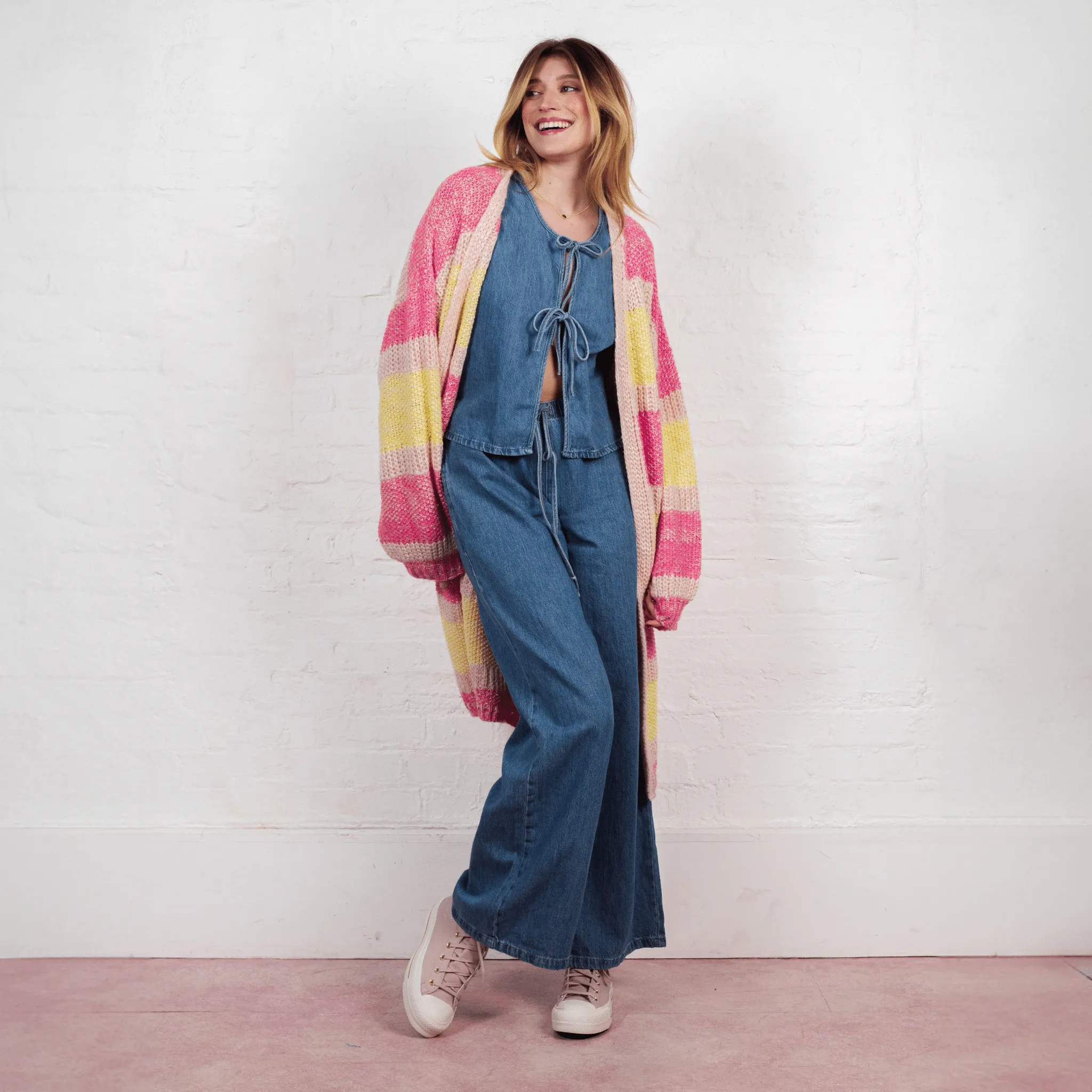 Tracy Stripe Balloon Sleeve Midi Cardigan - Pink sold by Cara & The Sky product image thumbnail 5