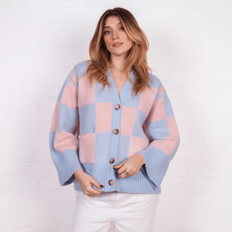 Candice Checked Wide Sleeve Cardigan - Pink & Blue sold by Cara & The Sky