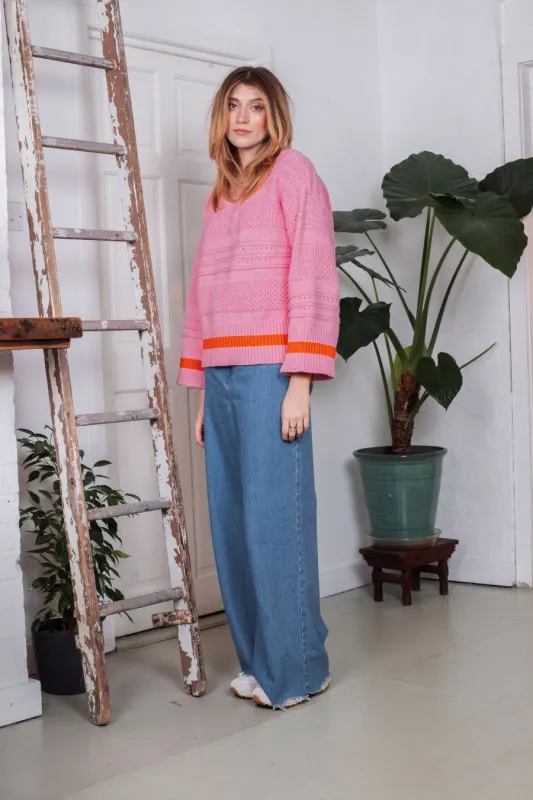 Judith Pointelle Stitch V Neck Jumper - Pink sold by Cara & The Sky