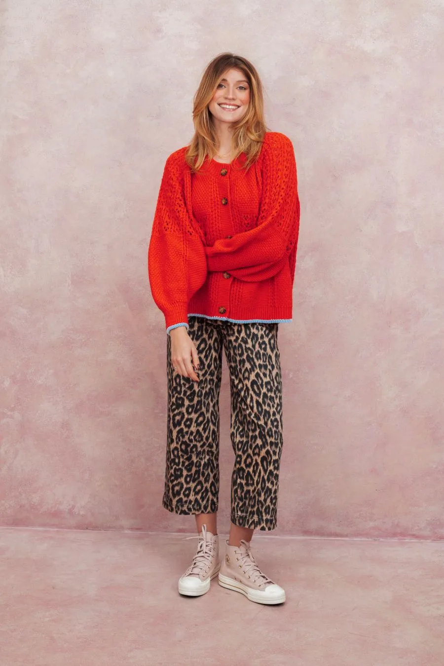 Brigit Pointelle Stitch Balloon Sleeve Cardigan - Orange sold by Cara & The Sky