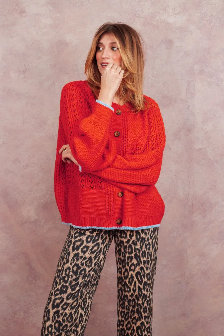 Brigit Pointelle Stitch Balloon Sleeve Cardigan - Orange sold by Cara & The Sky product image thumbnail 2
