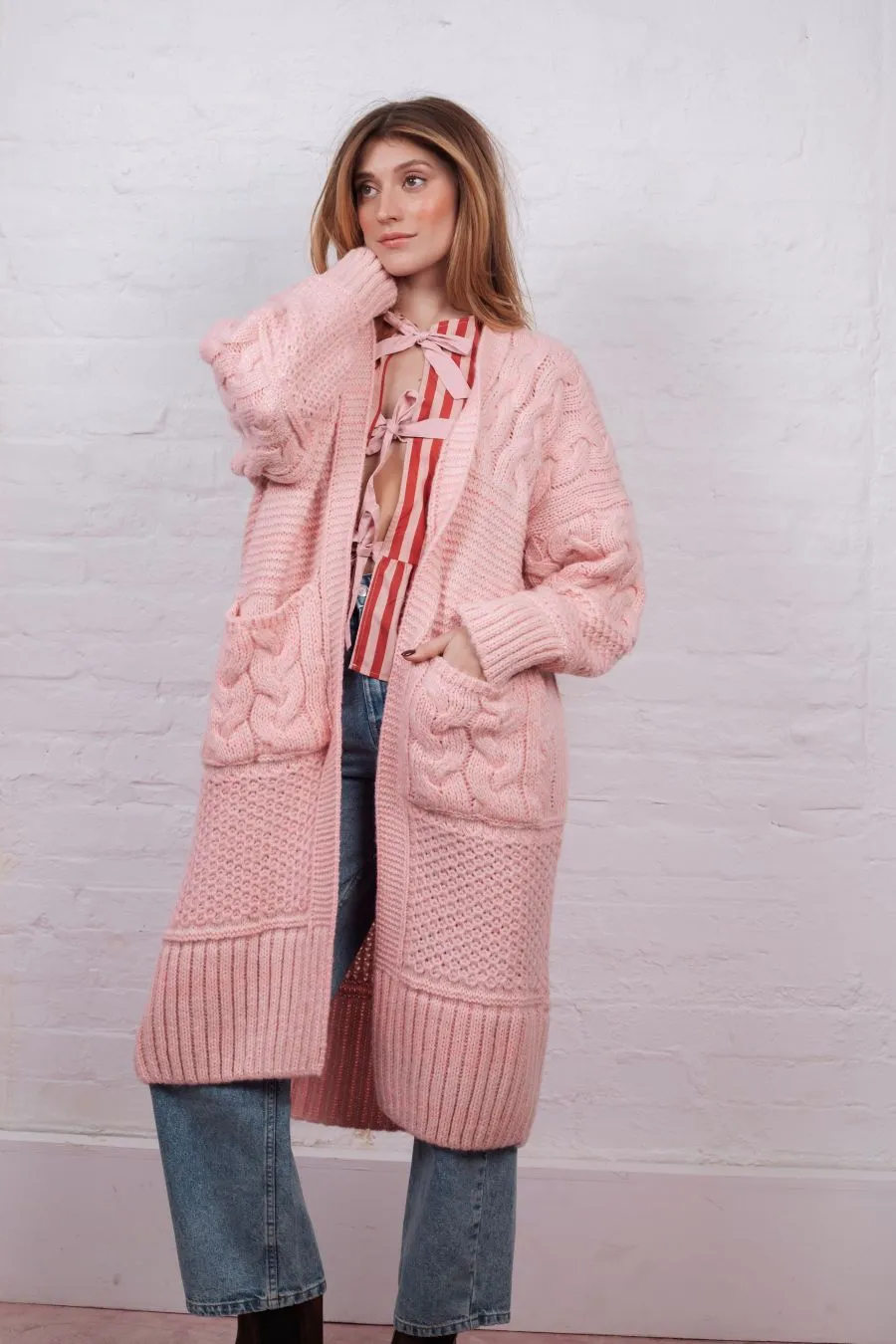 Alex Balloon Sleeve Chunky Oversized Cable Maxi Cardigan - Pink sold by Cara & The Sky product image thumbnail 4