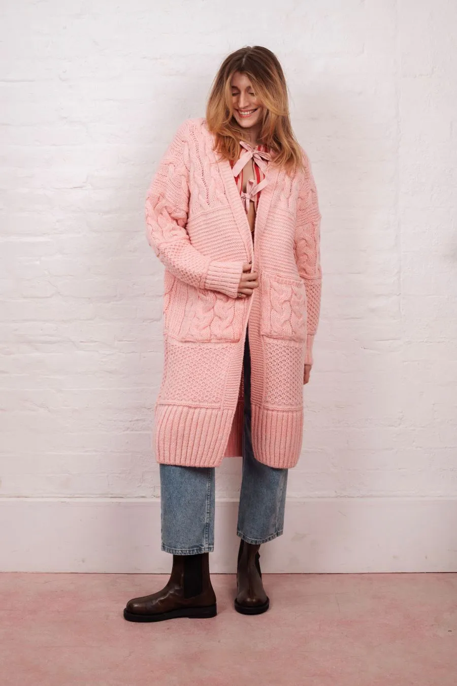 Alex Balloon Sleeve Chunky Oversized Cable Maxi Cardigan - Pink sold by Cara & The Sky