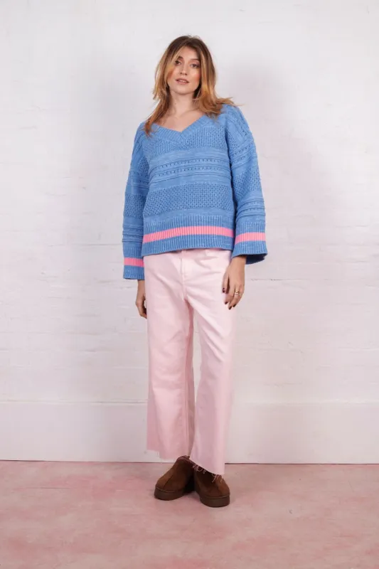 Judith Pointelle Stitch V Neck Jumper - Blue made by Cara & The Sky
