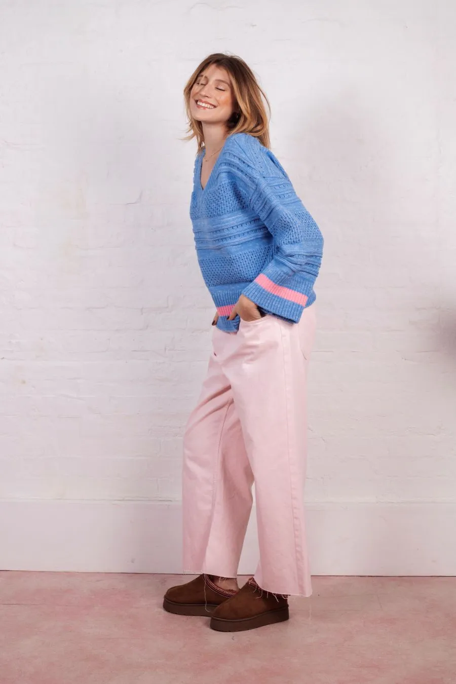 Judith Pointelle Stitch V Neck Jumper - Blue sold by Cara & The Sky product image thumbnail 5