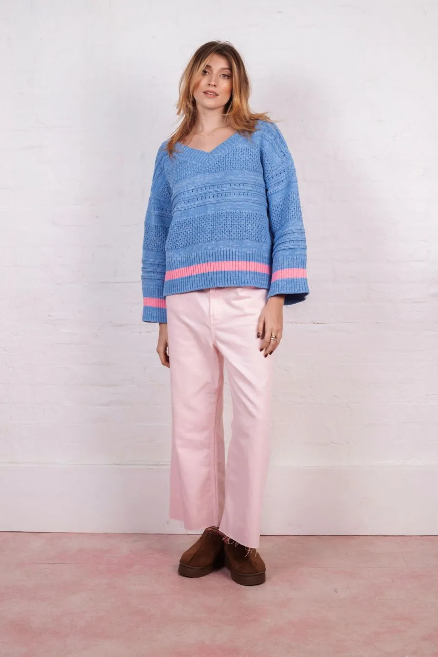 Judith Pointelle Stitch V Neck Jumper - Blue sold by Cara & The Sky product image thumbnail 2