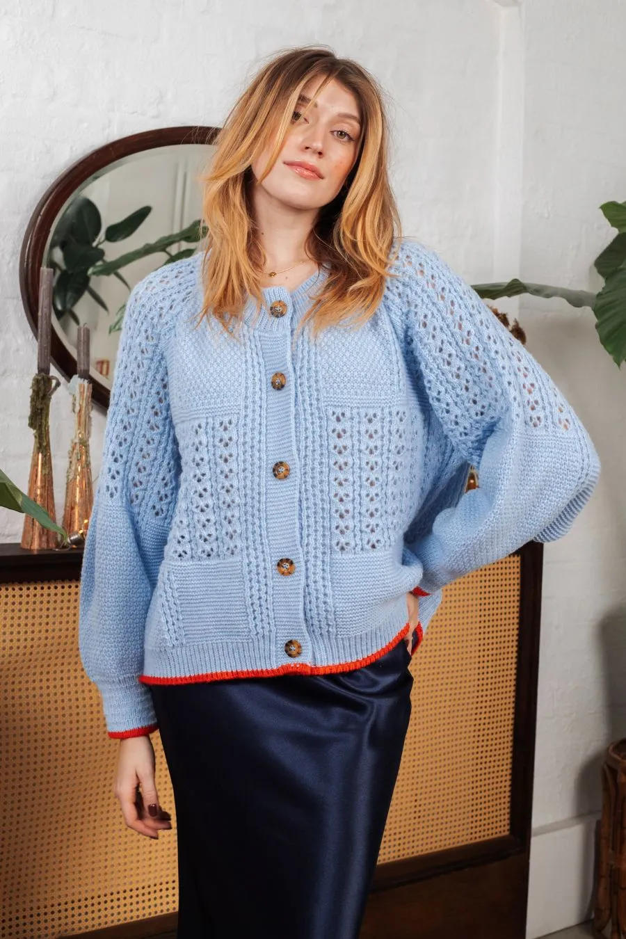 Brigit Pointelle Stitch Balloon Sleeve Cardigan - Blue sold by Cara & The Sky product image thumbnail 3