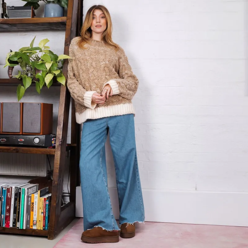 Jennie Cable High Neck Balloon Sleeve Jumper - Beige sold by Cara & The Sky