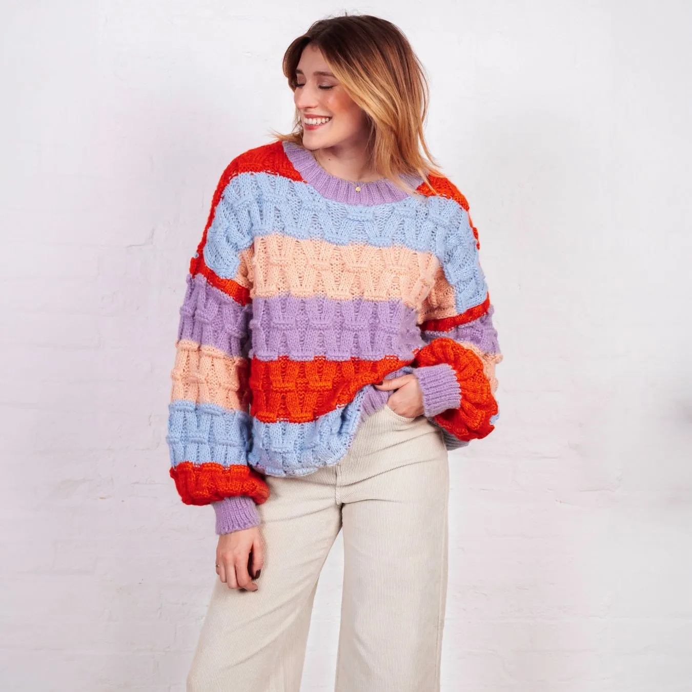 Mandy Criss-Cross Stitch Balloon Sleeve Stripe Jumper - Orange sold by Cara & The Sky