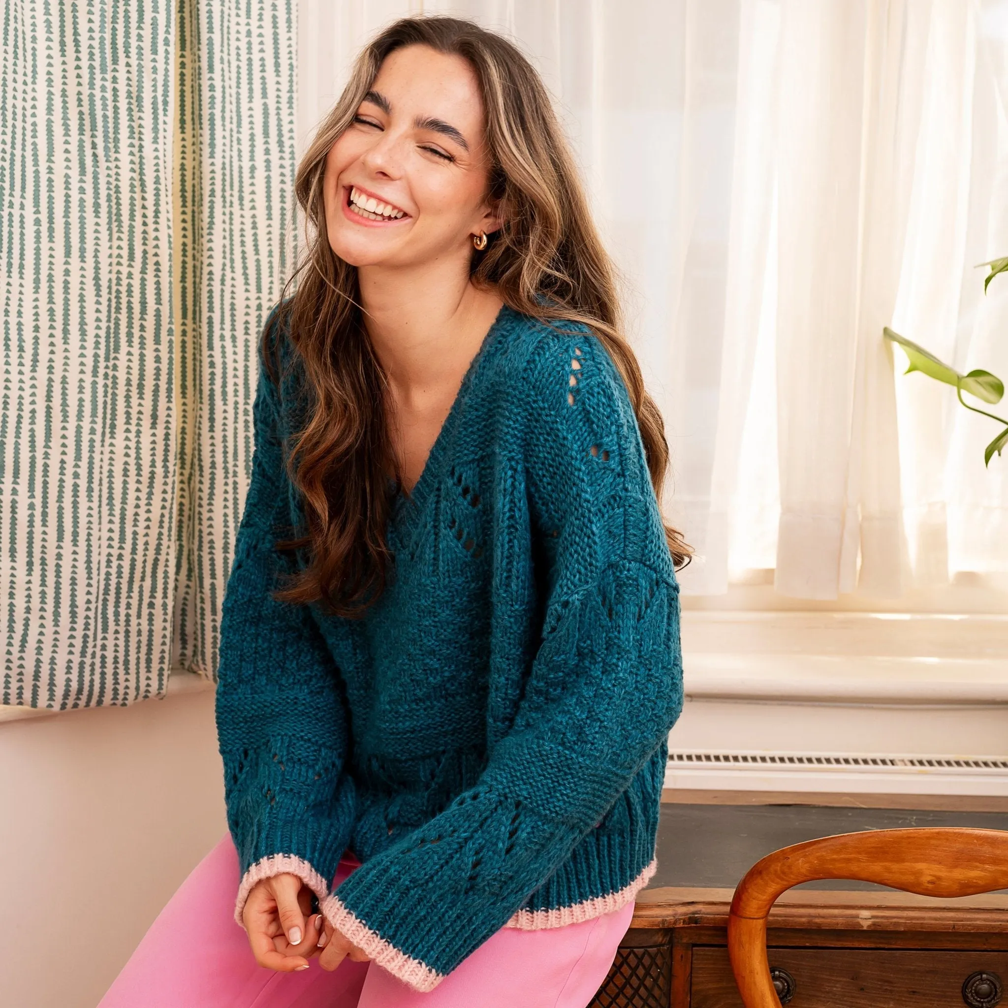 RESALE | Zoe Pointelle V Neck Wide Sleeve Jumper - Teal sold by Cara & The Sky