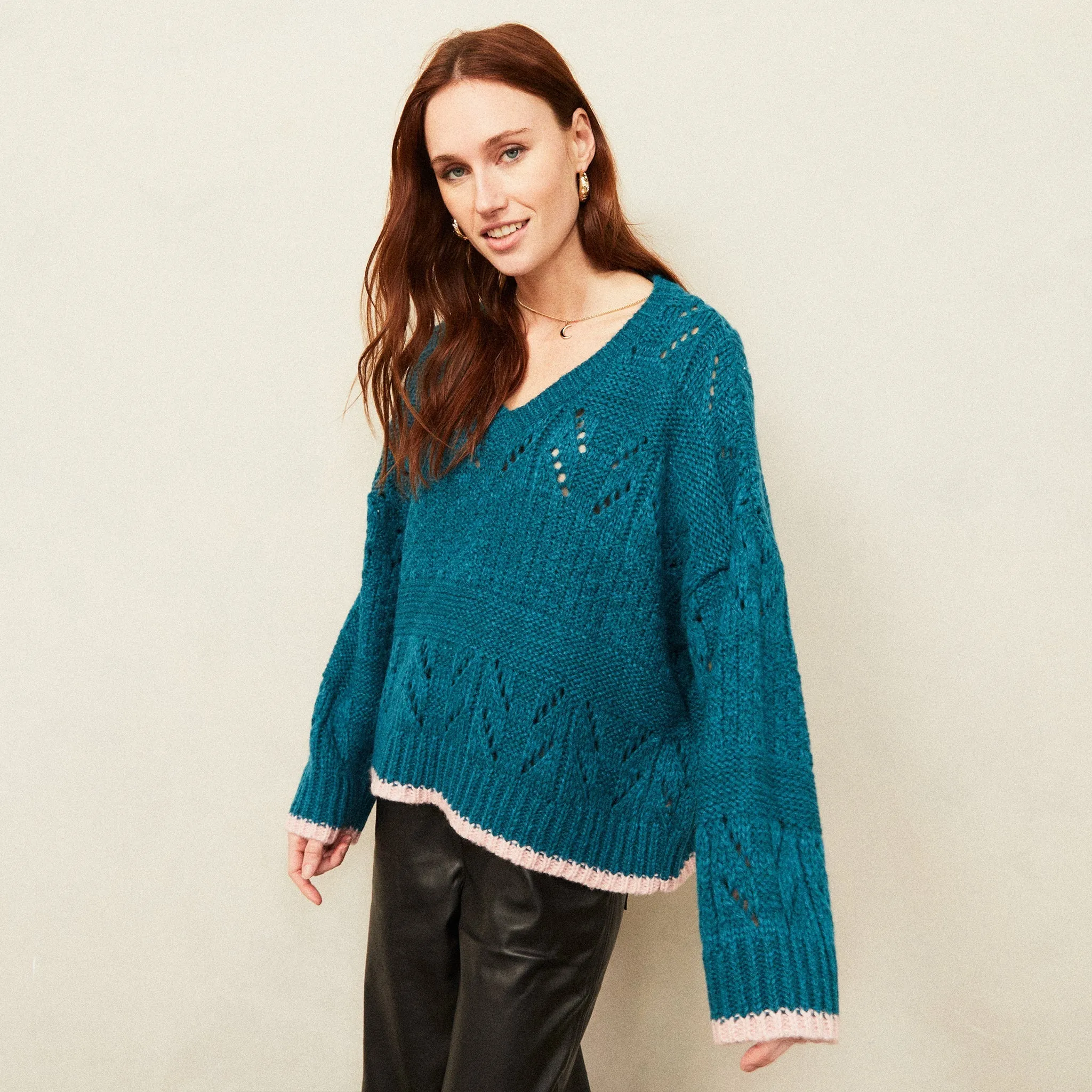 RESALE | Zoe Pointelle V Neck Wide Sleeve Jumper - Teal sold by Cara & The Sky product image thumbnail 5