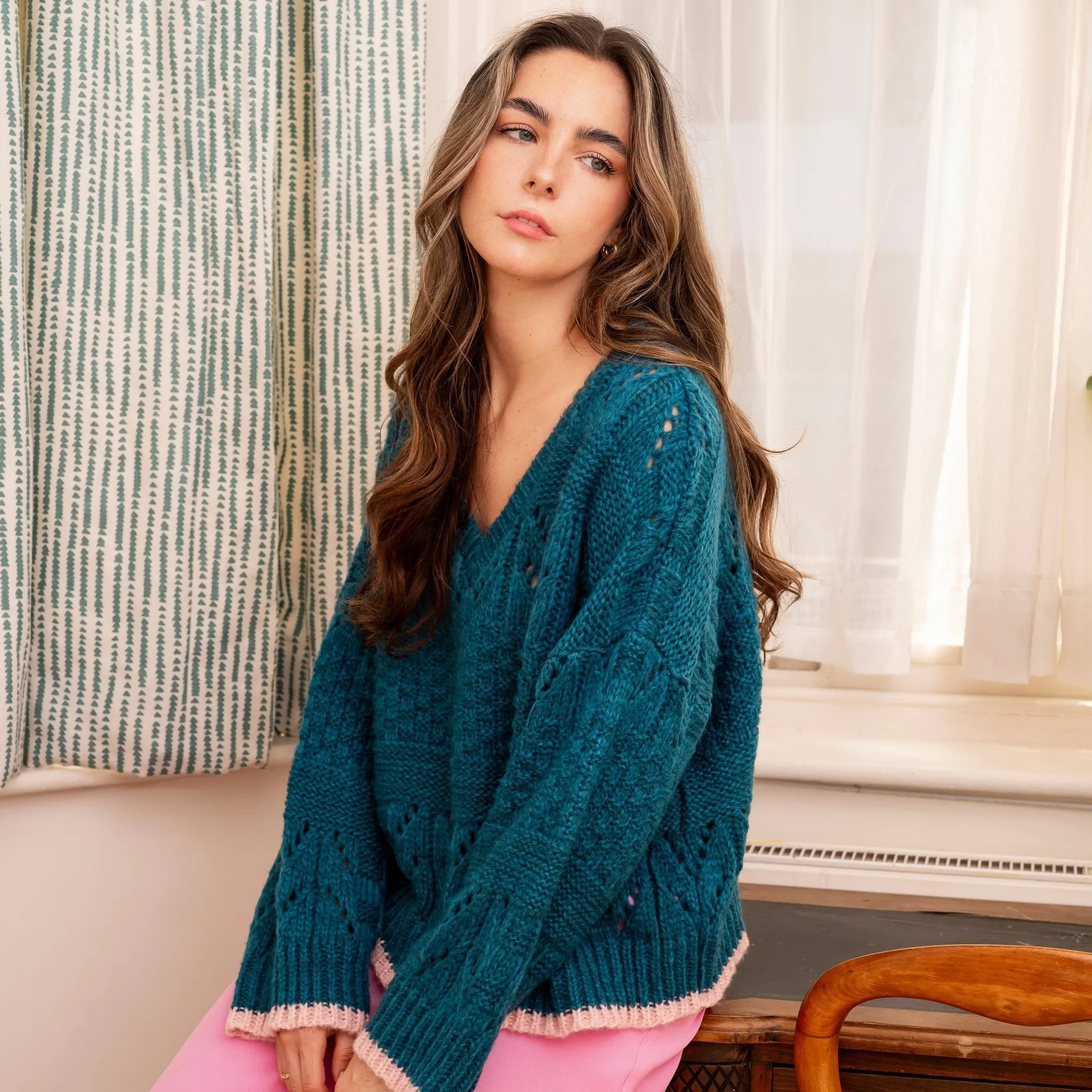 RESALE | Zoe Pointelle V Neck Wide Sleeve Jumper - Teal sold by Cara & The Sky product image thumbnail 3