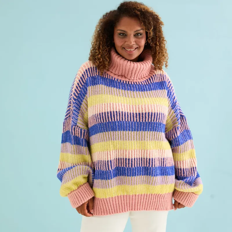 Tasha Oversized Balloon Sleeve Stripe Roll Neck Jumper - Pink sold by Cara & The Sky