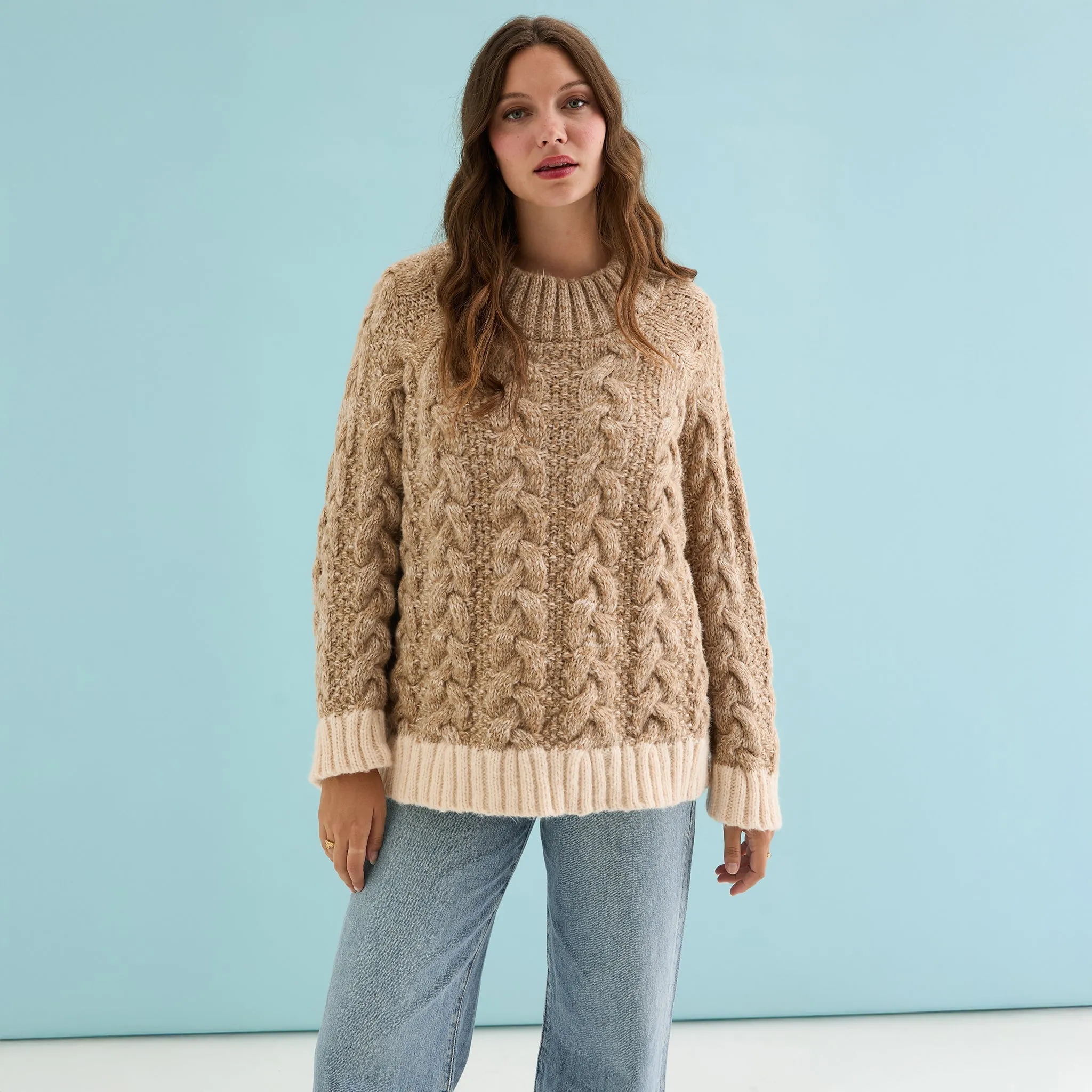 Jennie Cable High Neck Balloon Sleeve Jumper - Beige sold by Cara & The Sky