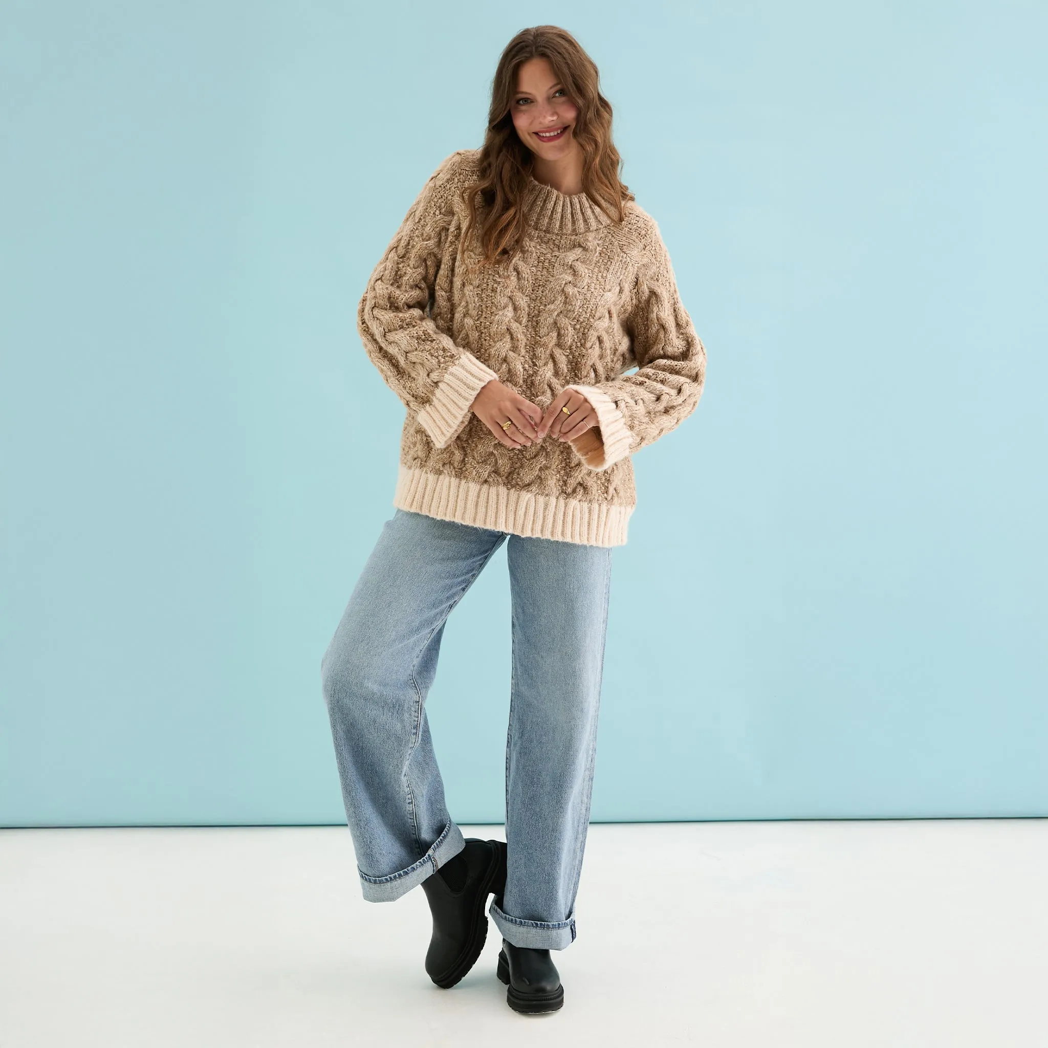 Jennie Cable High Neck Balloon Sleeve Jumper - Beige sold by Cara & The Sky product image thumbnail 5