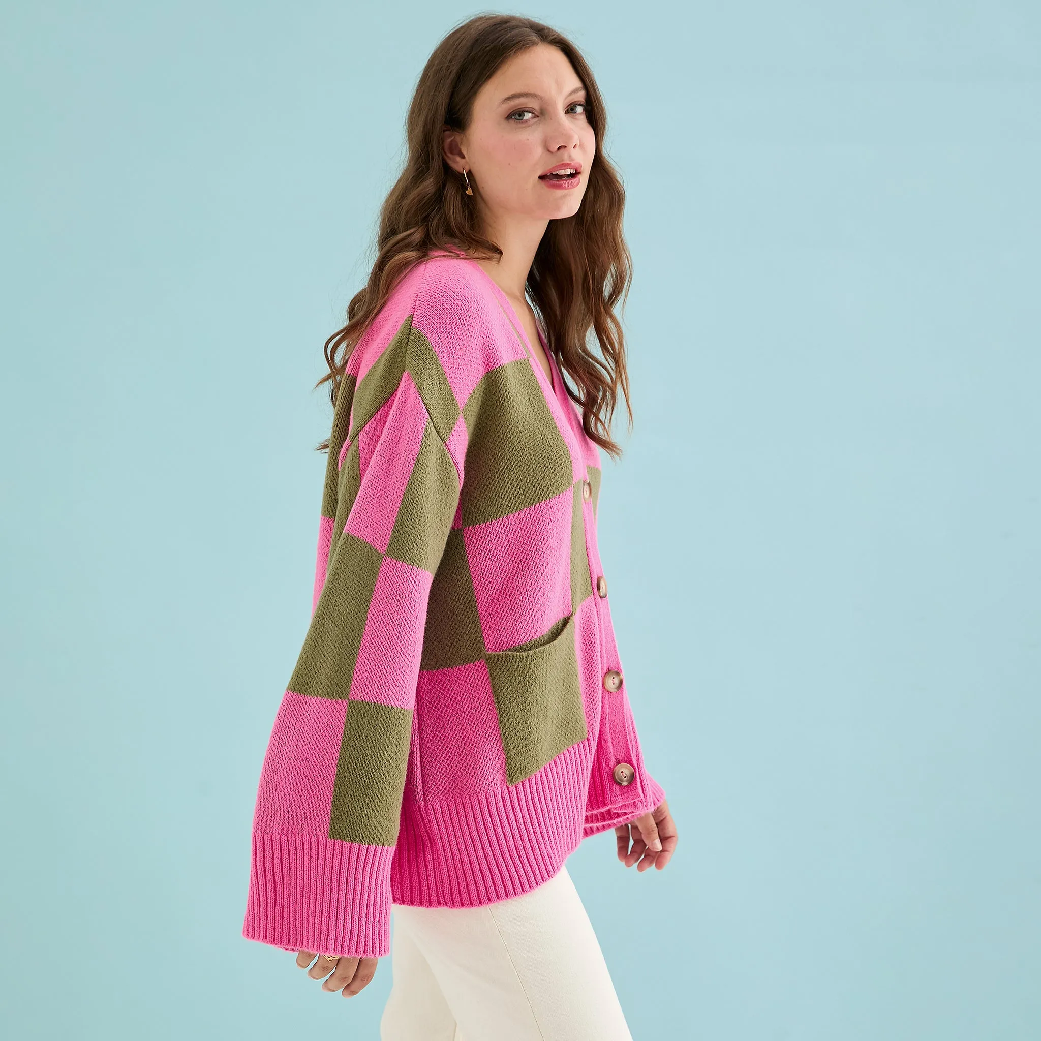 Candice Wide Sleeve Checked Button Cardigan - Pink & Green sold by Cara & The Sky product image thumbnail 3