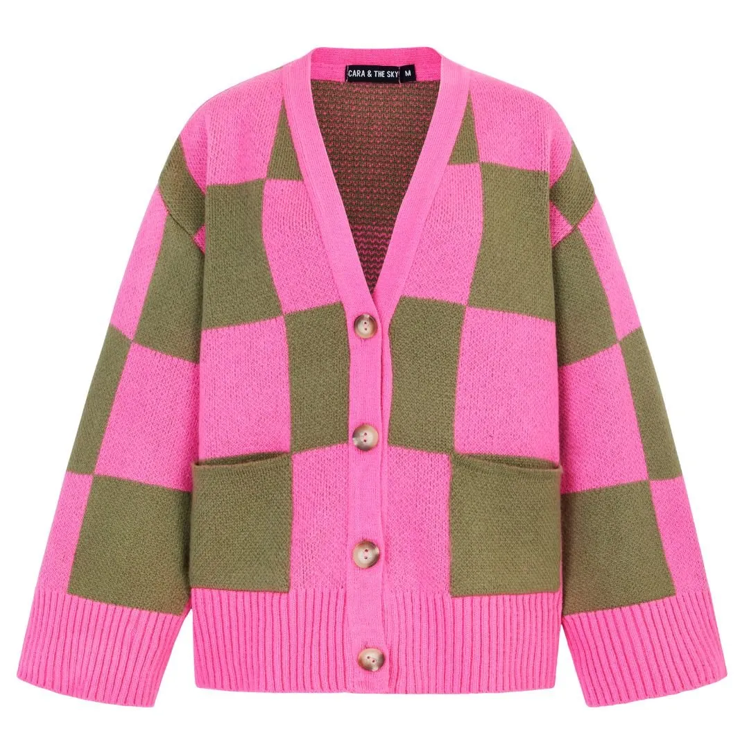 Candice Wide Sleeve Checked Button Cardigan - Pink & Green sold by Cara & The Sky product image thumbnail 2