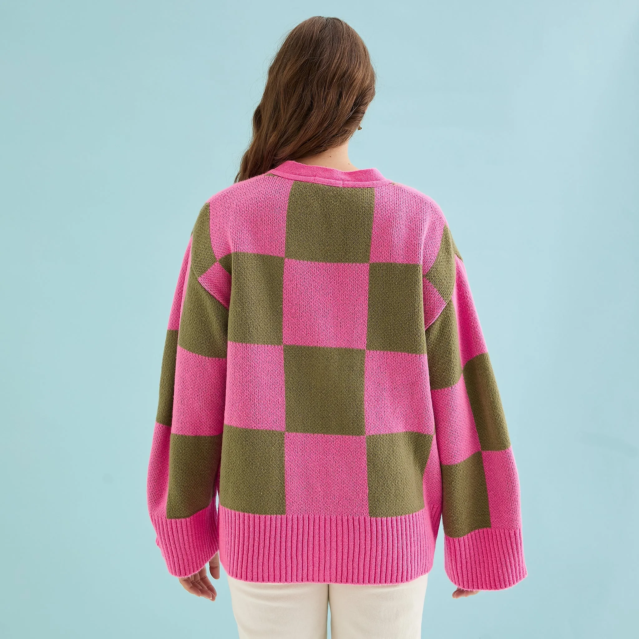 Candice Wide Sleeve Checked Button Cardigan - Pink & Green sold by Cara & The Sky product image thumbnail 4