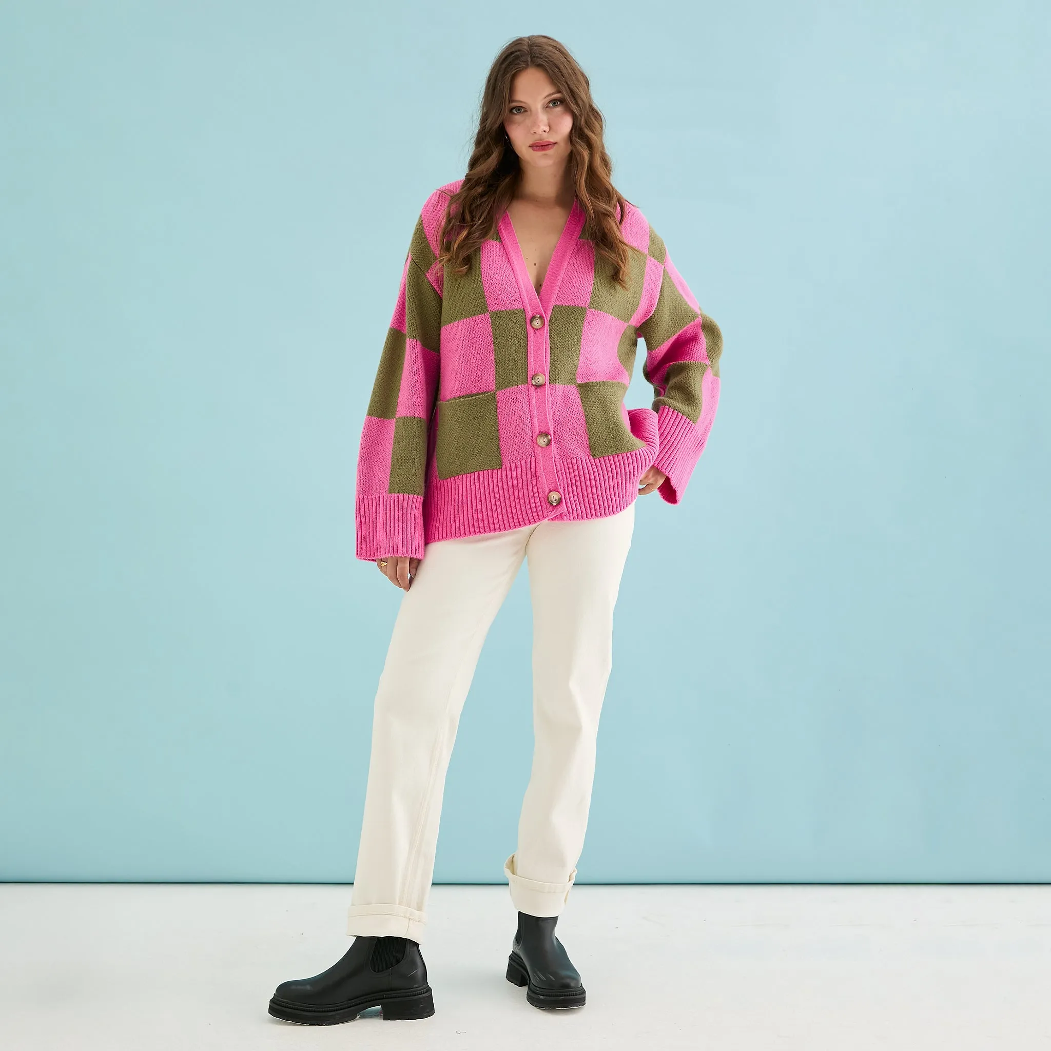 Candice Wide Sleeve Checked Button Cardigan - Pink & Green sold by Cara & The Sky product image thumbnail 5