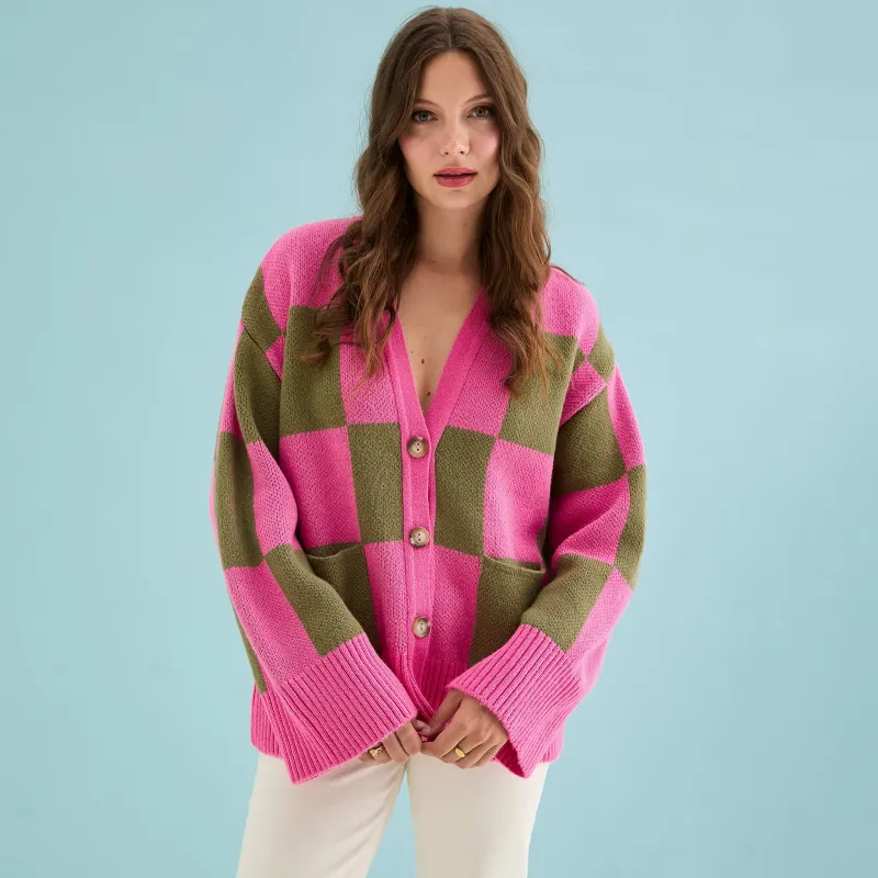 Candice Wide Sleeve Checked Button Cardigan - Pink & Green sold by Cara & The Sky