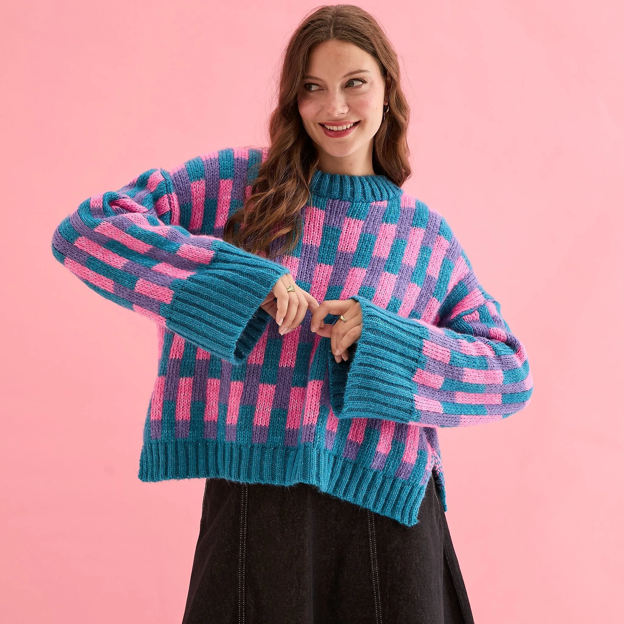 Charlotte Geometric Pattern Wide Sleeve Knit Jumper - Teal sold by Cara & The Sky