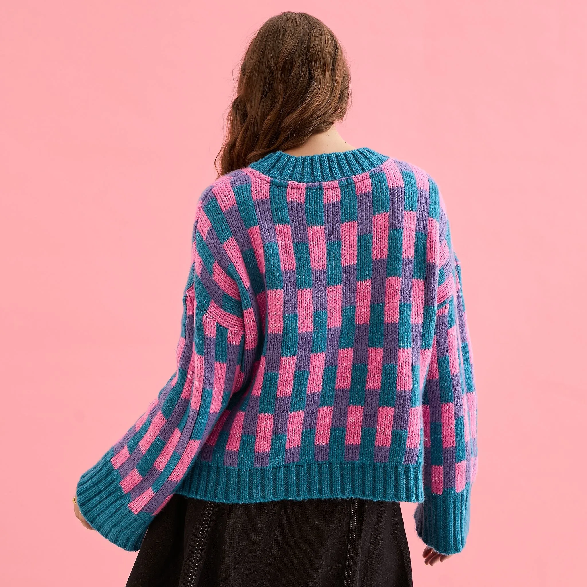 Charlotte Geometric Pattern Wide Sleeve Knit Jumper - Teal sold by Cara & The Sky product image thumbnail 5
