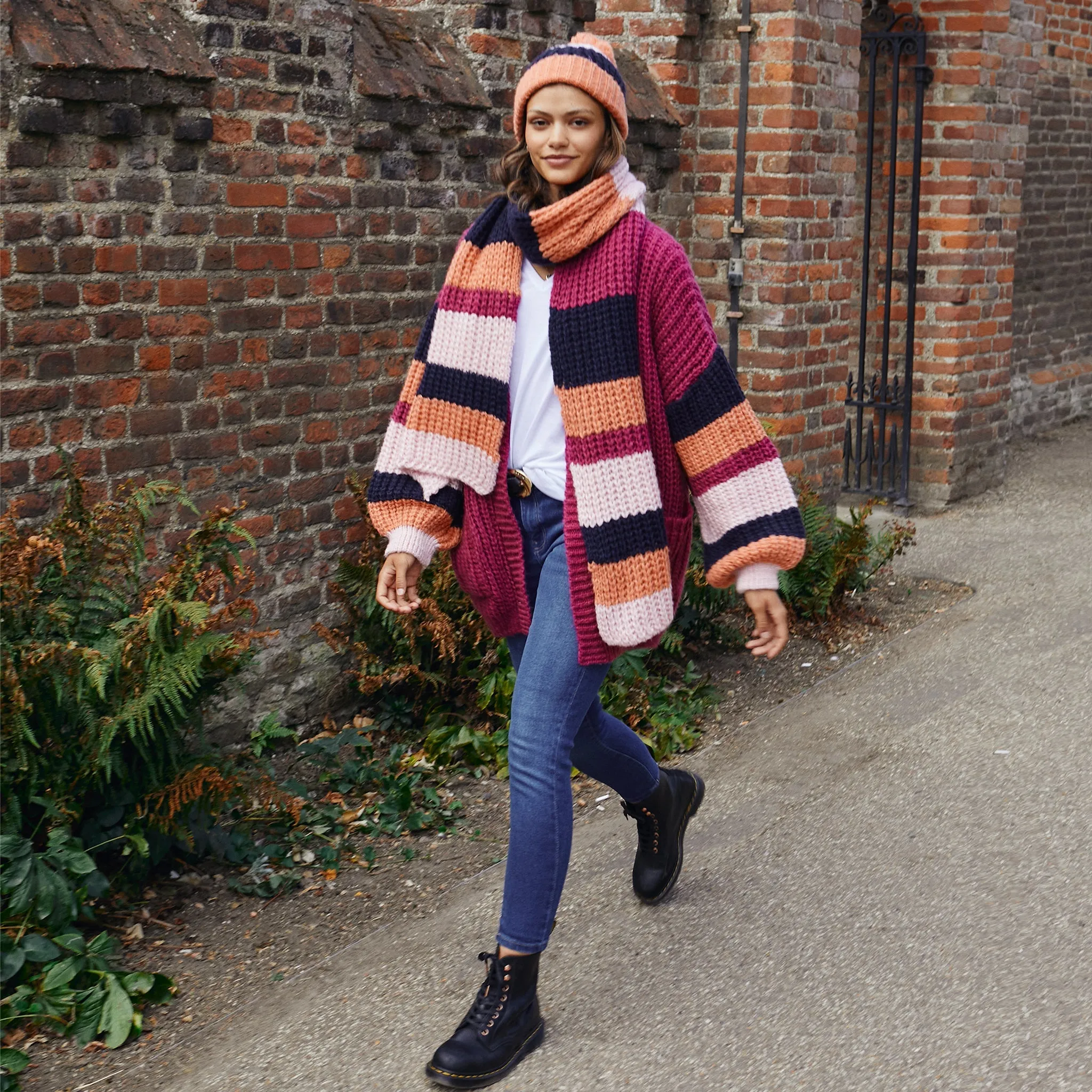Leia Stripe Oversized Chunky Scarf - Berry sold by Cara & The Sky product image thumbnail 3