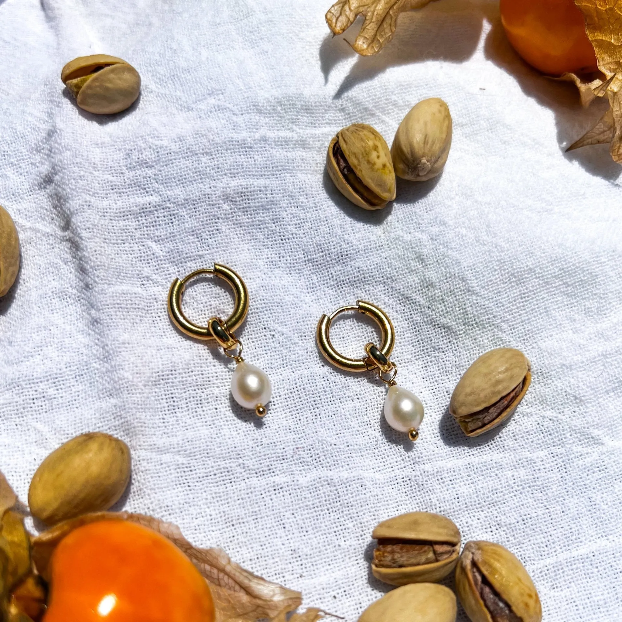 Ceres Pearl Mini Hoops sold by Gather Brooklyn product image thumbnail 2